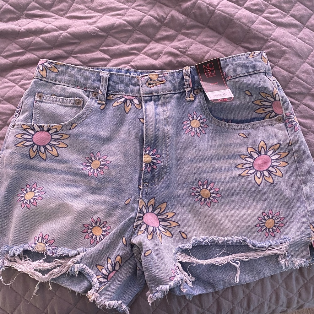 Flower print jean shorts